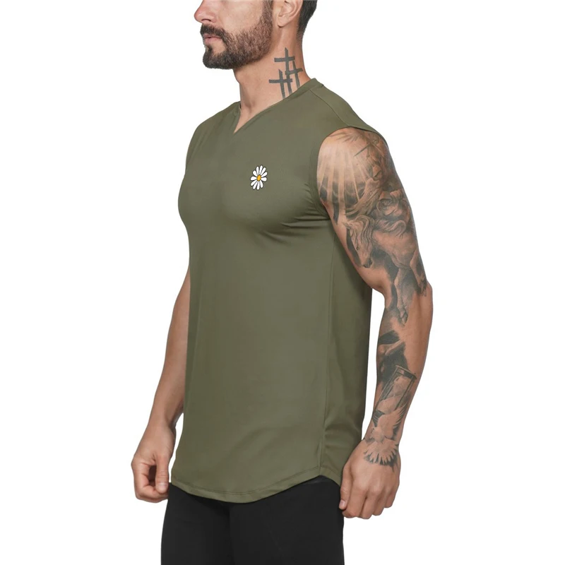 Summer Men Gym Workout Pumping iron Sport Vests Fitness Sleeveless Top Bodybuilding Comfortable Chrysanthemum print logo T-shirt