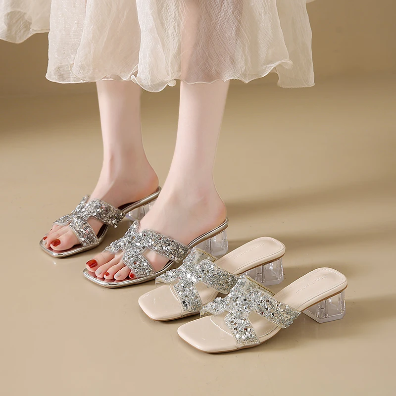 Summer New Crystal Fairy Style Women's Sandals, Coarse Heels, French Open-toe Square Heels, Low-heeled Fashion Slippers