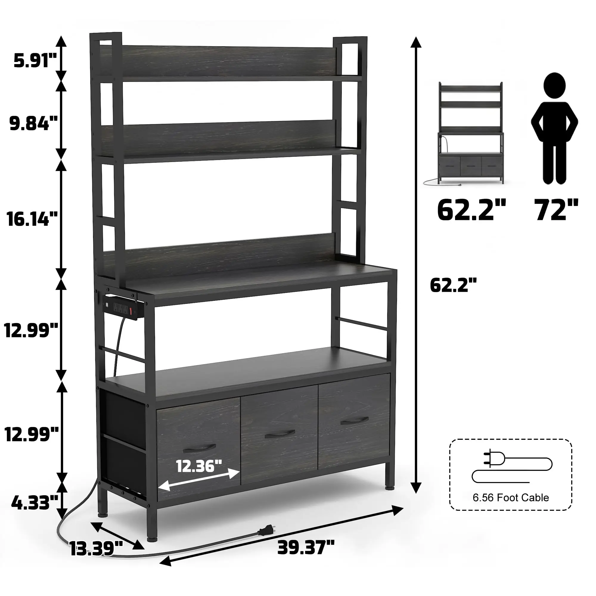 Kitchen Bakers Rack with Baskets,5-Tier Free Standing Storage Shelf Rack,Industrial Microwave Oven Stand,Metal Kitchen
