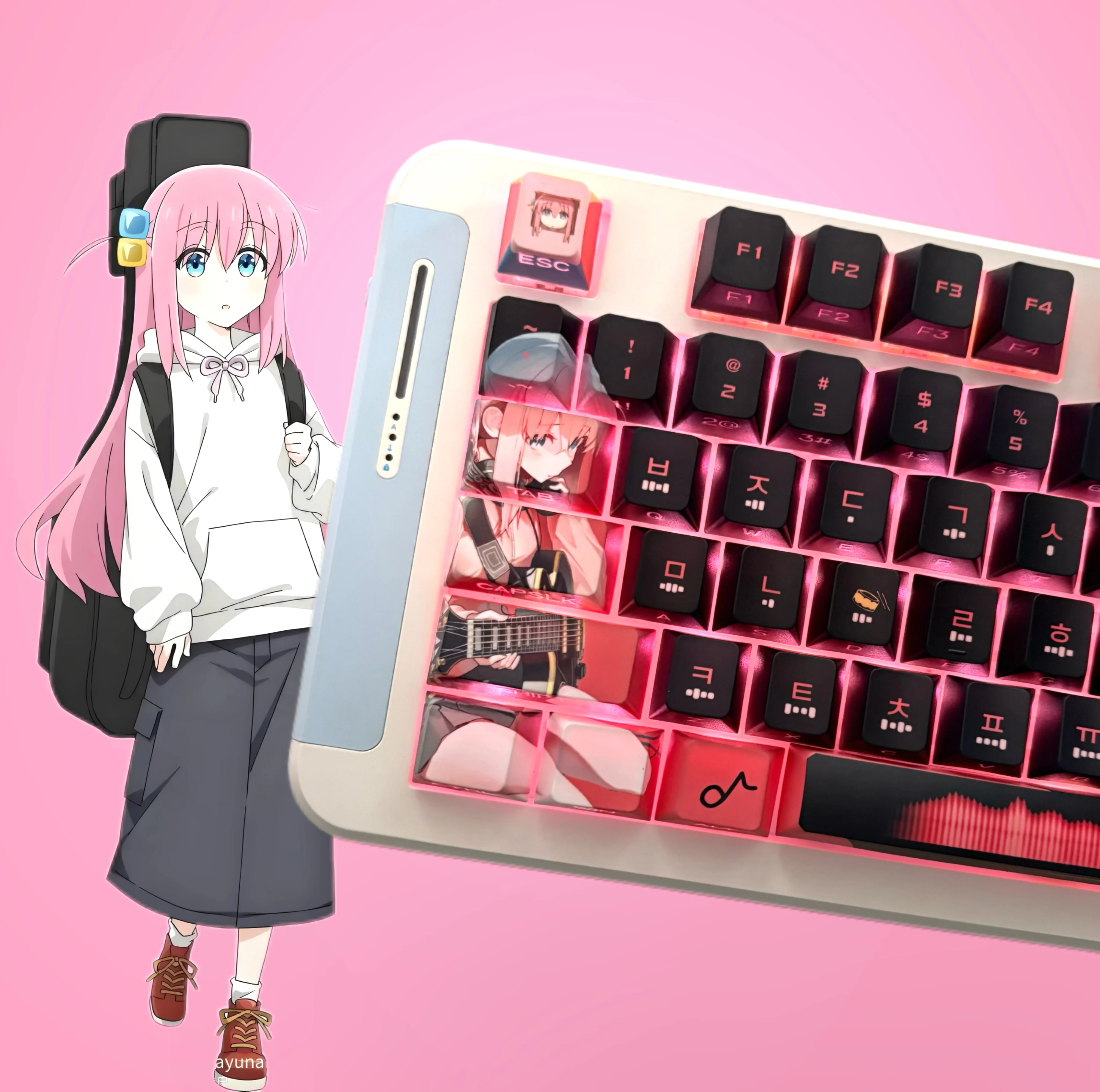 BOCCHI THE ROCK Keycaps CHREEY PBT 128 Set Keys Black Pink Bobo for MX Swich Mechanical Keyboards ANSI 61/87/98/104/108 Keys