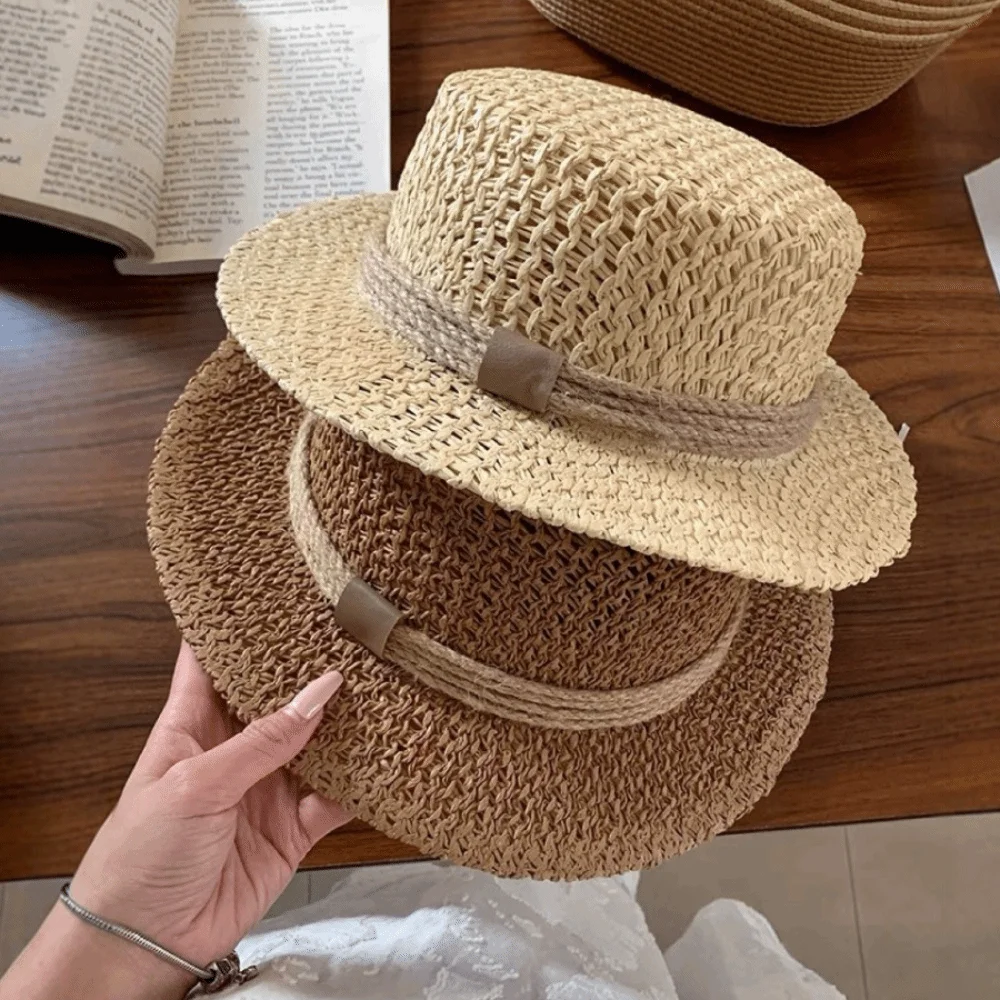 

Casual Flat Top Hollow Out Hat Straw Woven Breathable Sun Hat Wide Brim Panama Cap Beach Outings