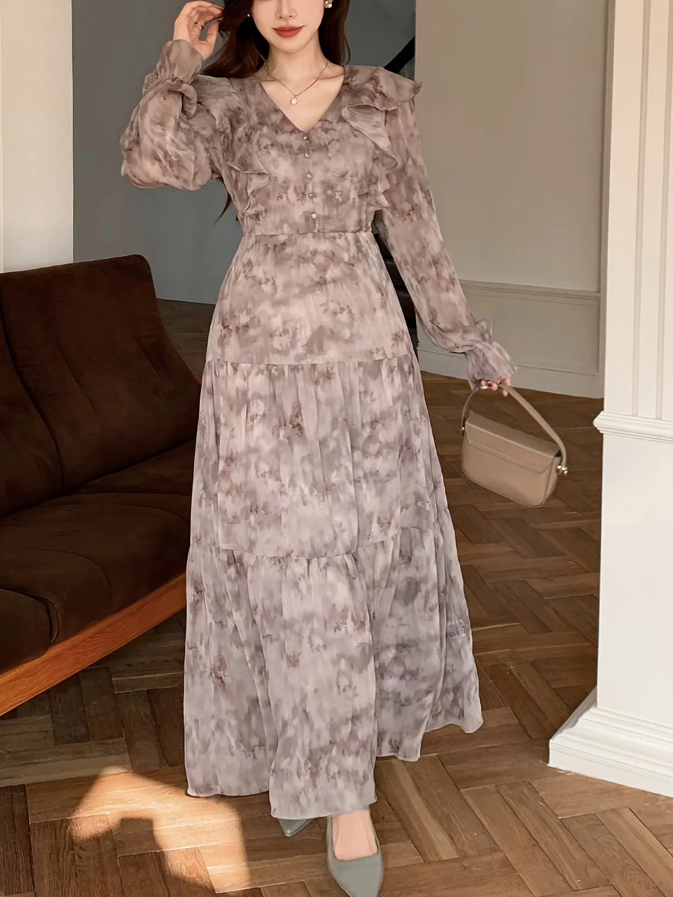 V-Neck Ruffled Long-Sleeved Dress, Vintage Smudged Print Layered Long Flowing Dress for Women