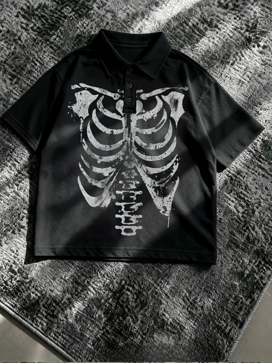 Y2K Skeleton Skull Polo Shirts Men's Golf Sport Shirts Streetwear T Shirt Tee Oversize Minimalist Fashionable Loose Short Sleeve