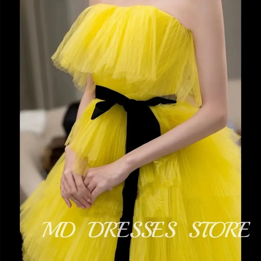 

MD A-line Fairy Yellow Wedding Dresses Tulle Strapless Black Belt Evening Dresses Korea Photoshoot Tiered Pleat Customized 2025