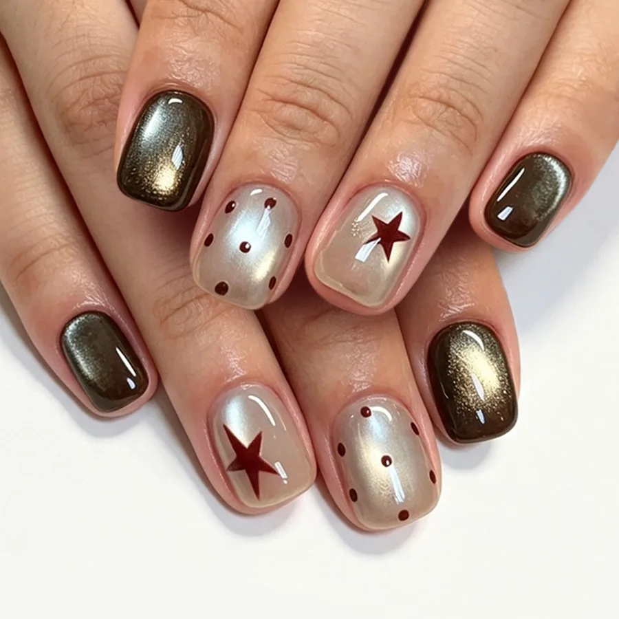 24Pcs Short Square Head Brown Cat's Eye False Nail Detachable Full Cover Polka Dot Star Nail Set Press on Acrylic Fake Nail Tips