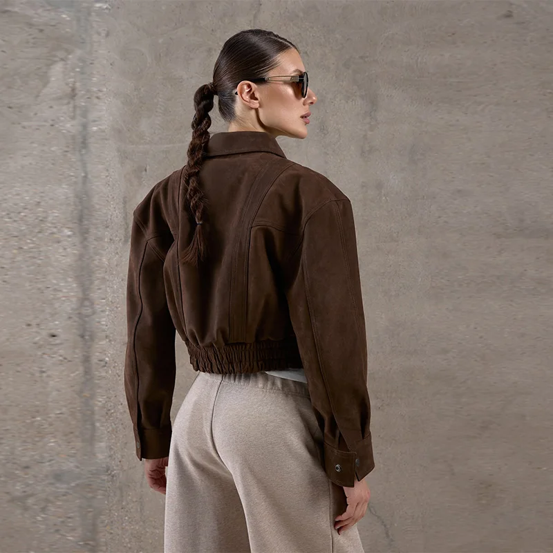 

Casual Solid Zipper Cropped Suede Jacket Women Chic Lapel Full Sleeve Pocket Loose Coat Autumn Lady Highstreet Commute Outwear