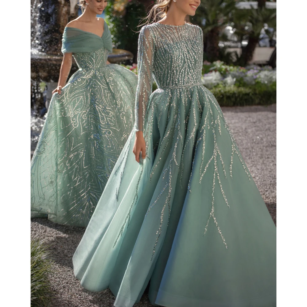 Exquisite Prom Dresses for Women 2023 Fashion Scoop Neckline Long Sleeves Sequined Tulle Evening Gown Luxury A-Line Party Dress