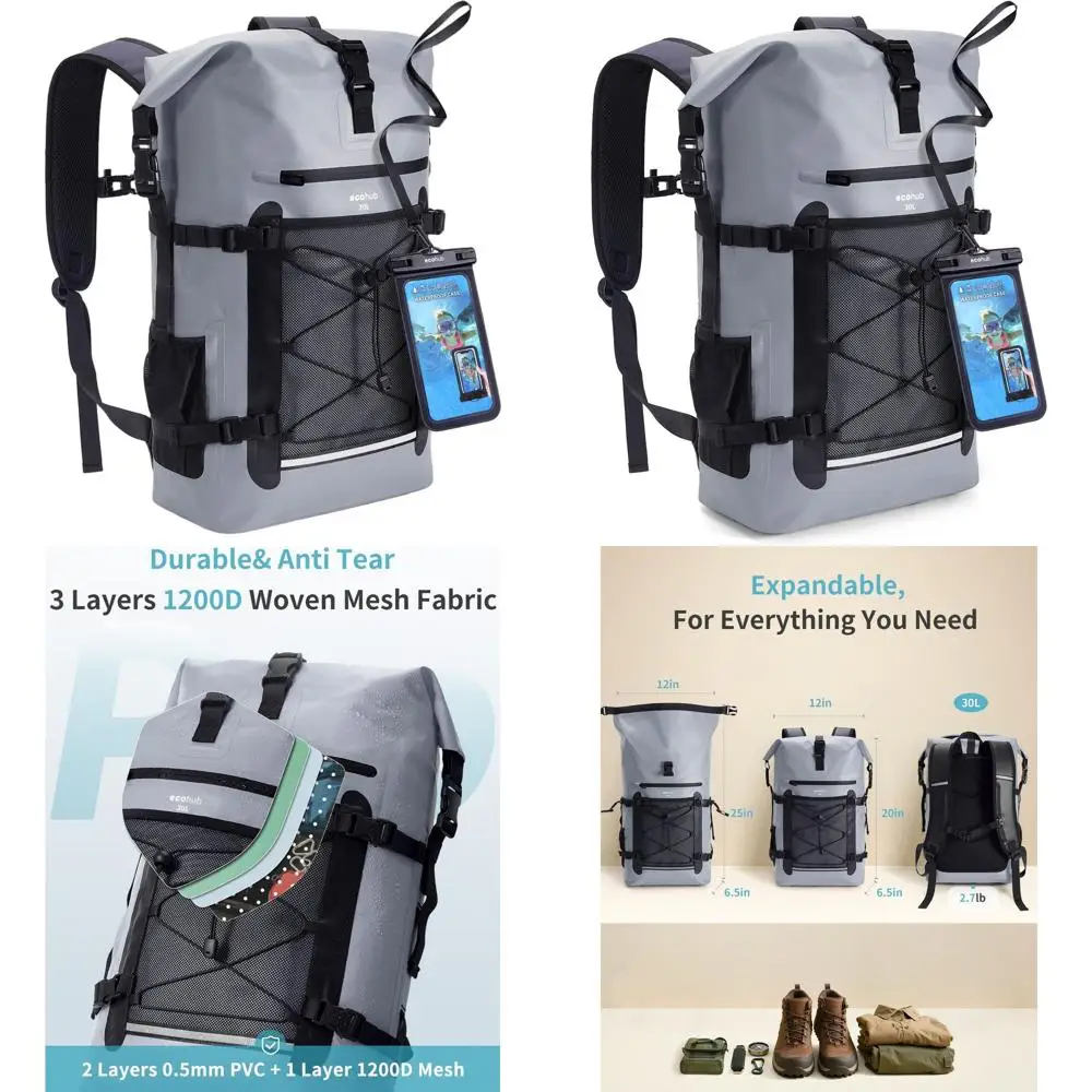 

Водонепроницаемый рюкзак-роллтоп на 30 л, сверхпрочный гермомешок для мужчин и женщин, готов к путешествиям, с чехлом для телефона IPX8