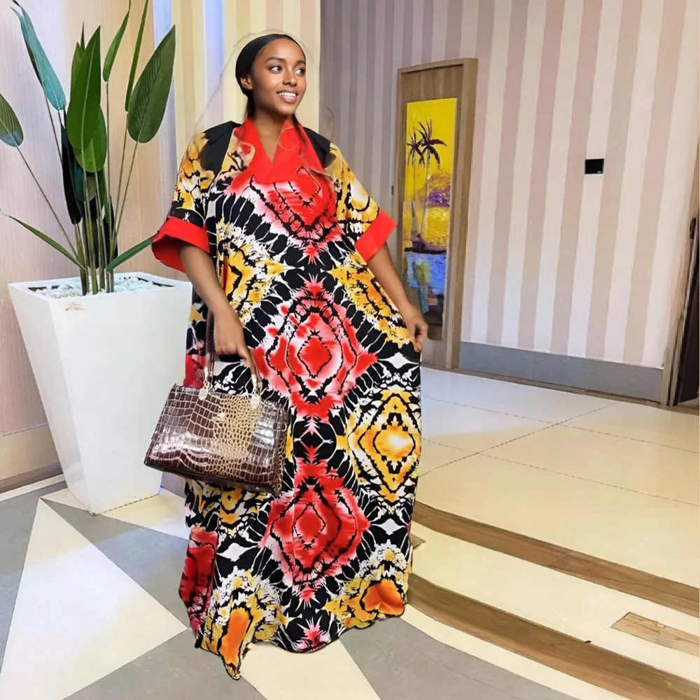 

New Fashion Loose Large Pocket V Collar Ethnic Middle East 2024 African Summer Print Bubu Party Ladies Evening Dress