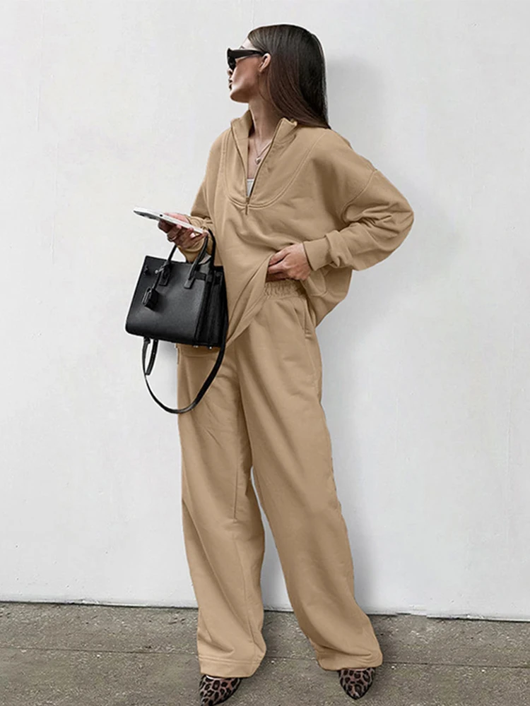 Casual 2 Pieces Sets With Trousers Chic Loose Half Open Collar Long Sleeve Pullover High Waist Long Pants Autumn khaki Lady Suit