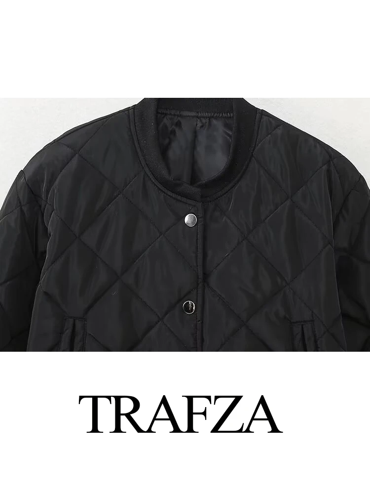 Trafza-女性用ショートコットンボンバージャケット,クルーネック,シングルブレスト,長袖,ポケット,カジュアルコート,エレガントなファッション,冬