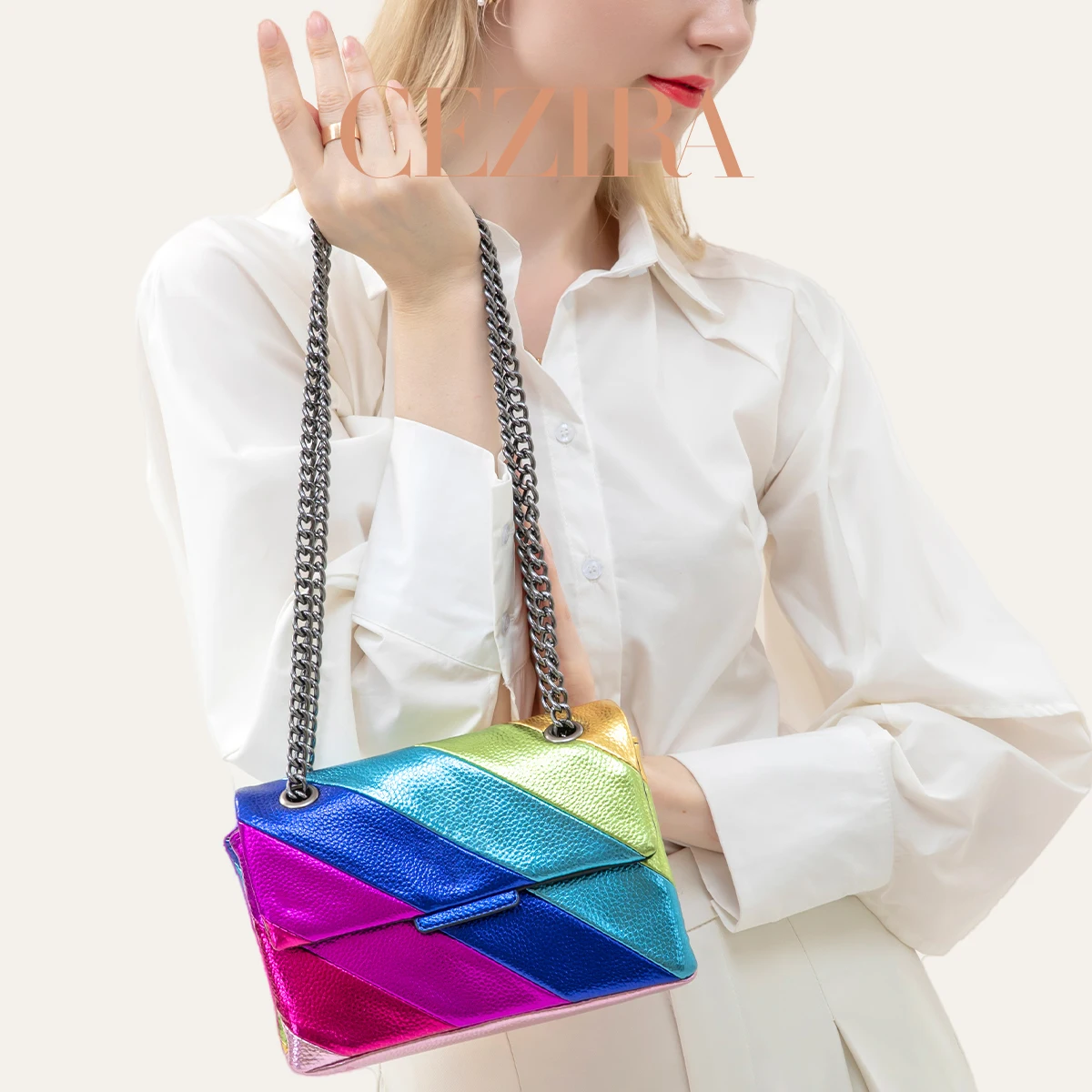 Women Fashion Metallic Rainbow Color Stripes PU Vegan Leather Bag Small Square Magnet Flap Cover Metal Chain Cross body Daily