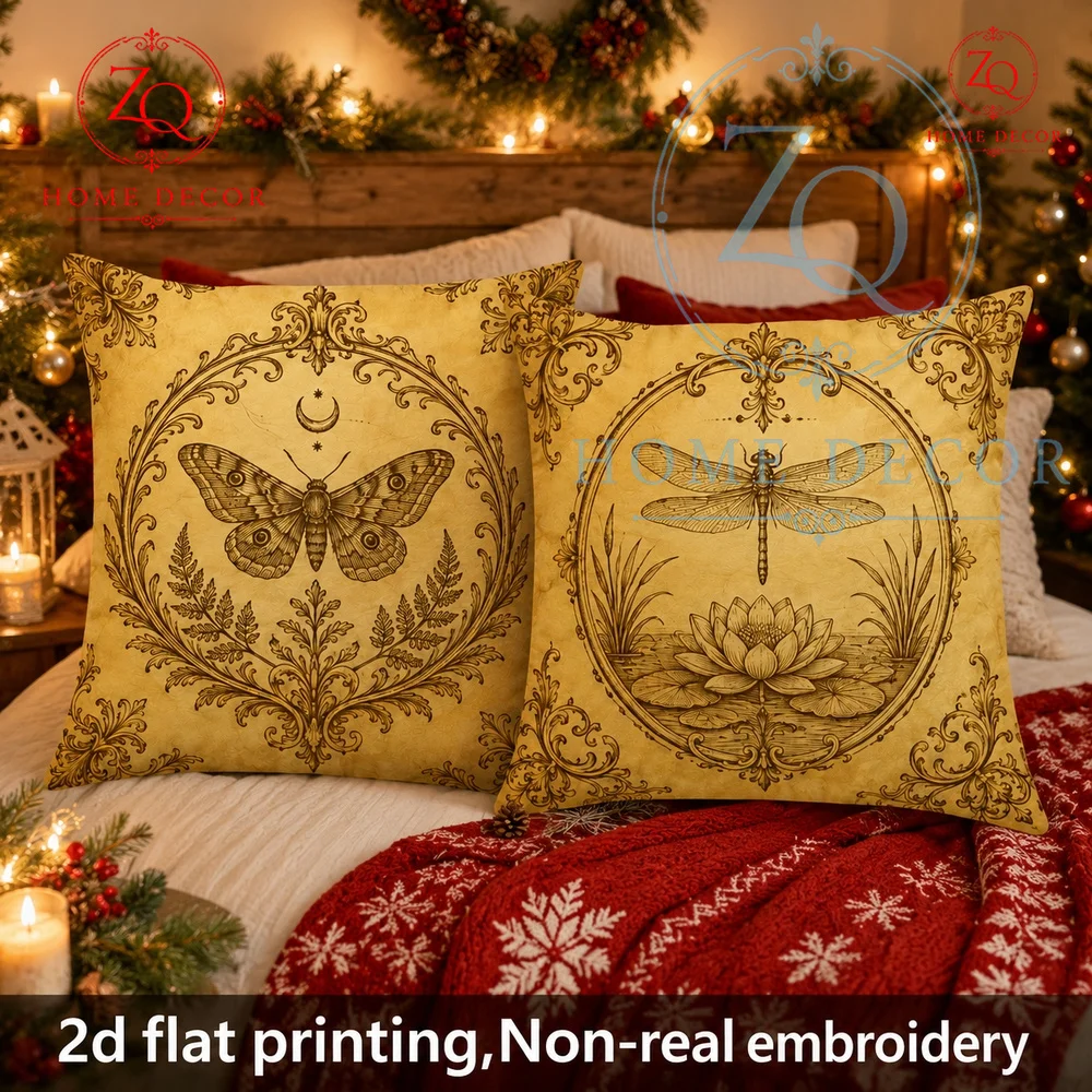 Vintage Gothic Moth  Damask Throw Pillow Cover Retro Yellow Witchy Botanical Cushion Case  Living Room Farmhouse Home Decor