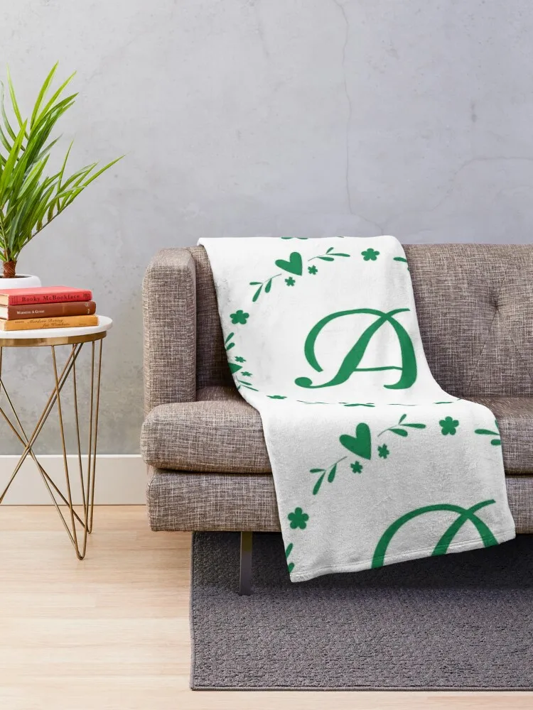 A with Heart Flourish Border in Green Throw Blanket Soft Big Decorative Throw Blankets