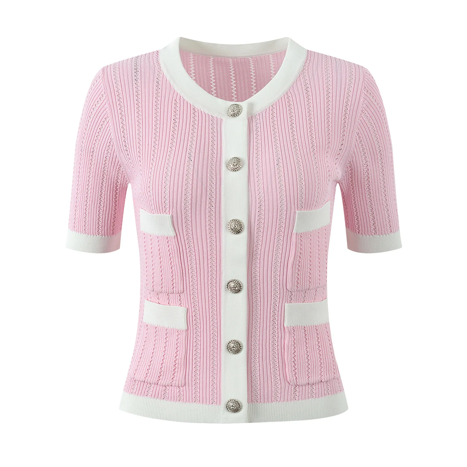 

Slimming Effect Parisian Faion B@ Home Knitted ort Sve round Ne Gold Button Cardigan Women's Summer ential Top