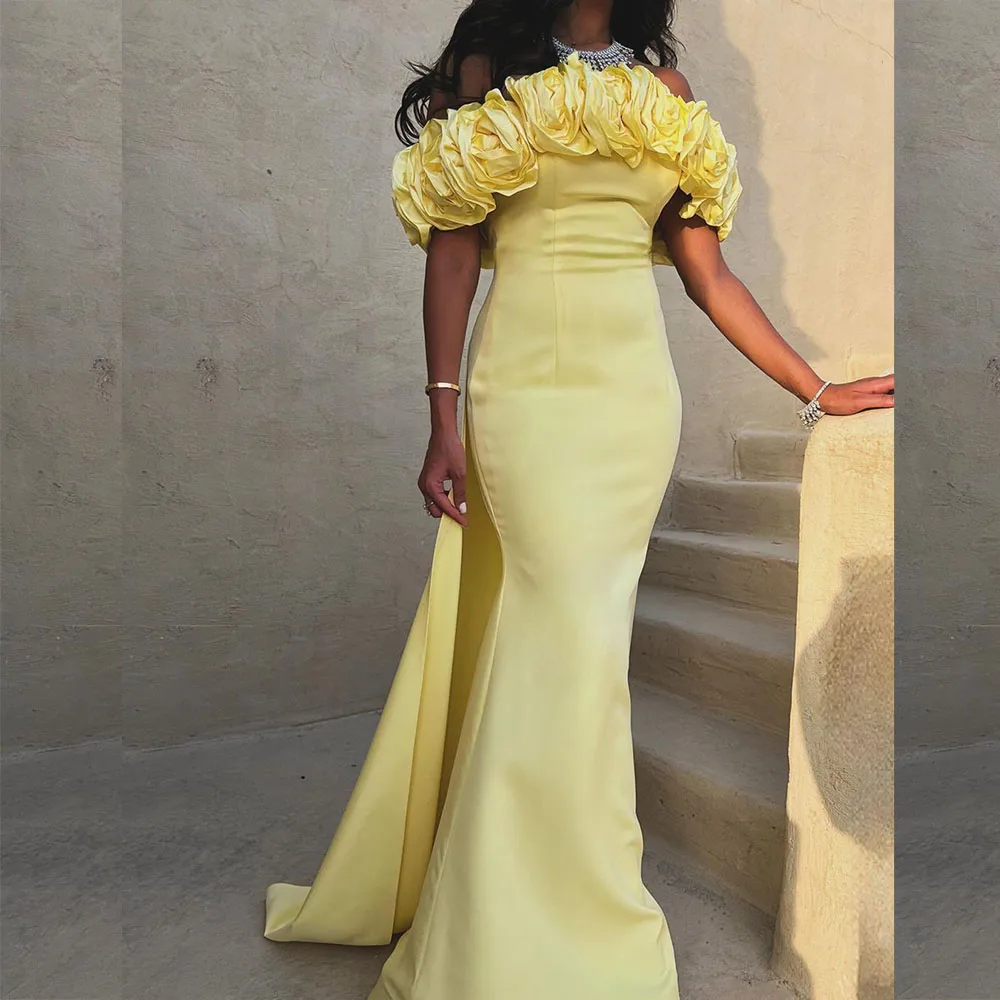 Robe de soirée jaune à fleurs 3D pour femmes, sans bretelles, longueur au sol, train de balayage, occasion formelle, robe de Rhélégante, quelque soit