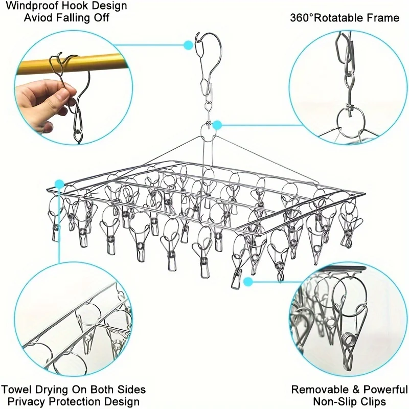 1PC stainless steel sock drying rack with multiple clips, rotating hook windproof clothes rack, sock drying rack, bra, underwear