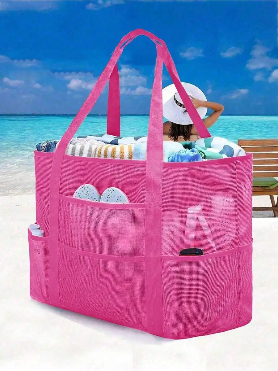 

Розовая пляжная сумка-тоут из сетки с множеством карманов, складной легкий органайзер для песочников и необходимых вещей