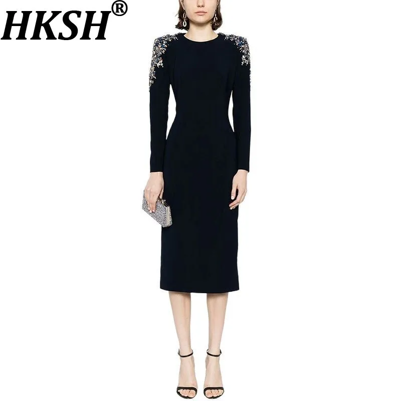 HKSH 秋の新女性ハイストリートエレガントなファッションヘビークラフト刺繍フレアダイヤモンド長袖ミッドレングスドレス HK7114