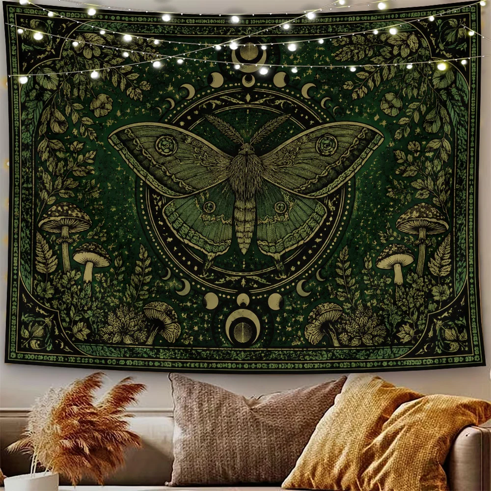 Vintage Botanical Moth and Moon Tapestry Wall Hanging for Bohemian Bedroom Decor Aesthetic