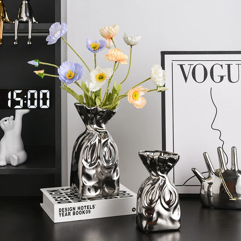 Nordic Silver Plating Ceramic Vase Home decoration Flower shape Vases for flowers Living room TV cabinet table decor florero