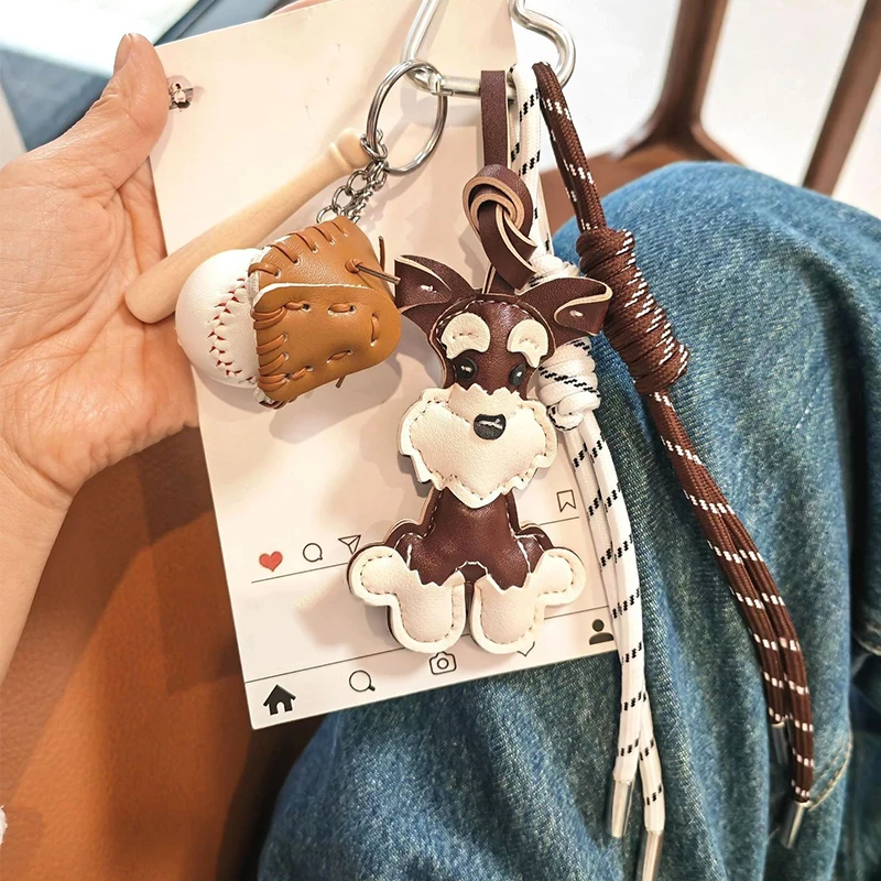 Cute Schnauzer Cartoon PU Leather Keychain for Women Dog Puppy Pendant Backpack Ornament Keyring Animal Shaped Key Chain