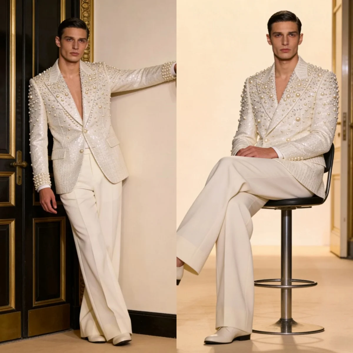 Gorgeous Wedding Tuxedos Sequins Pearls 2 PCS Jacket Pants Men Suit Gentleman Peaked Lapel Groom Business Blazers Customized