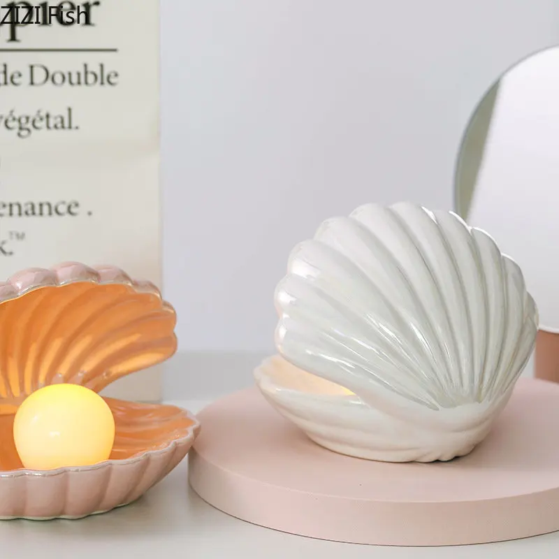 Dream Pearl Ceramic Lamp Desk Decoration Seashell Night Lamp Crafts Shell Storage Box Porcelain Ornaments Modern Home Decor