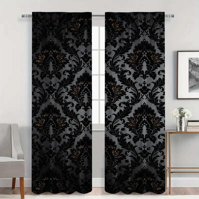 2pcs Baroque Gold Embroidery Curtains , Black Sateen Sheer Light Filtering, Luxurious Vintage Decor for Formal Living Room