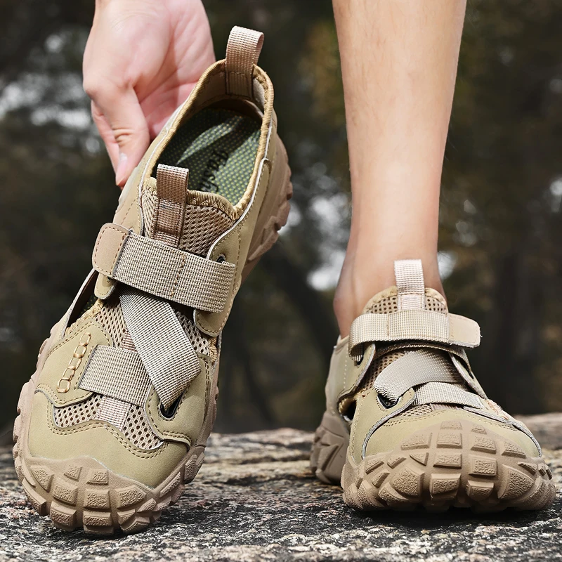 Summer Fashion Men's Hollow Breathable Sleeve Foot Casual Mesh Shoes Outdoor Brand Men Anti Slip and Wear-resistant Hiking Shoes