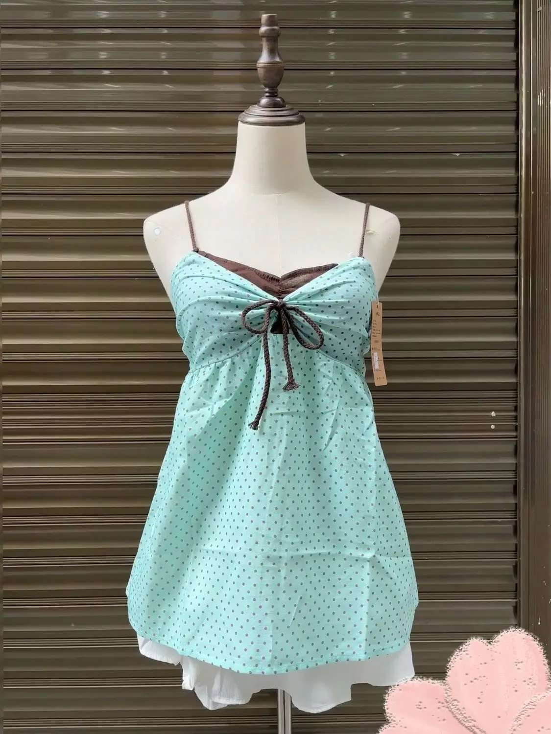 Vintage Coquette Sweet Summer Mint Green Polka Dot Spaghetti Strap Cami Top Women Bow Tie Ruched Casual Date Night Outfit 2026