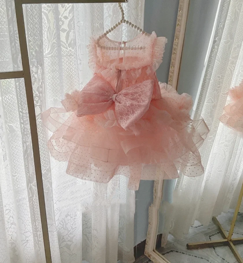 

Cute Pink Lace Baby Girl Party Dress Photo Shoot Toddler First Birthday Gown Girls Baptism Gifts Baby Gift Big Bow