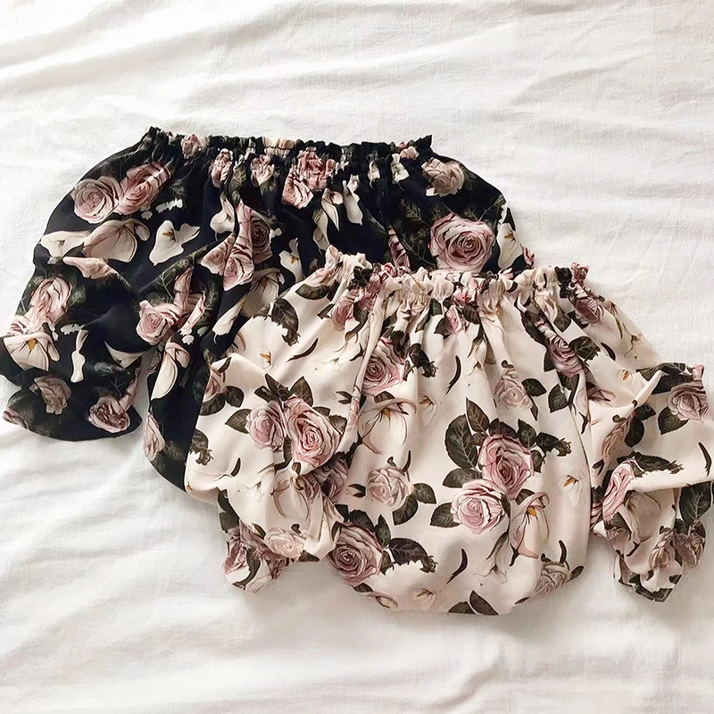 

Spring Summer Women's Fashion Leisure Shirt Print Stacked Sleeve Middle Sleeve Shirt One Line Neck Off Shoulder Pleated Shirt