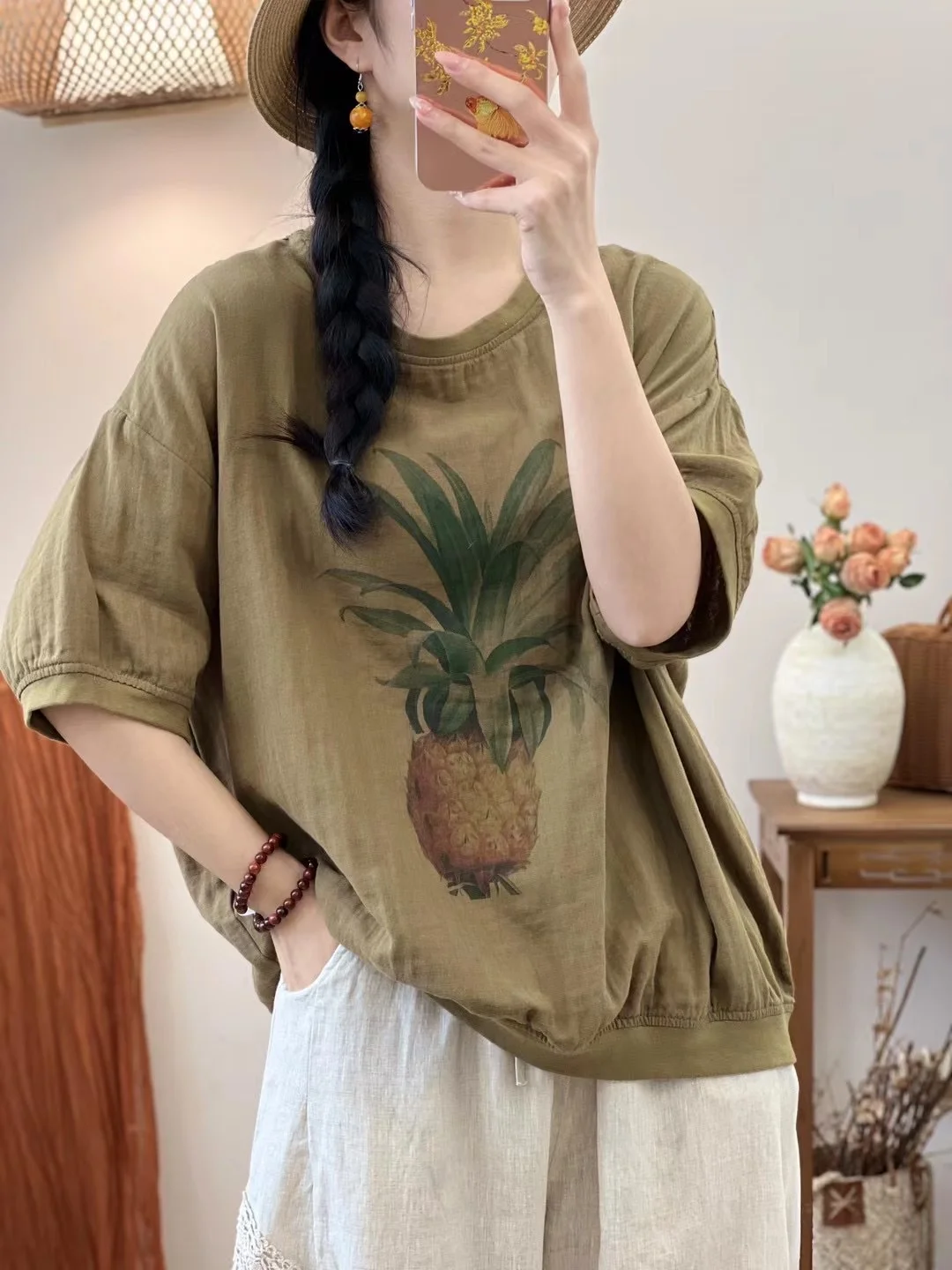 100% Double layers cotton yarn shirts and blouses summer trend blouses 2025 pineapple printed t shirt chubby women's blouses