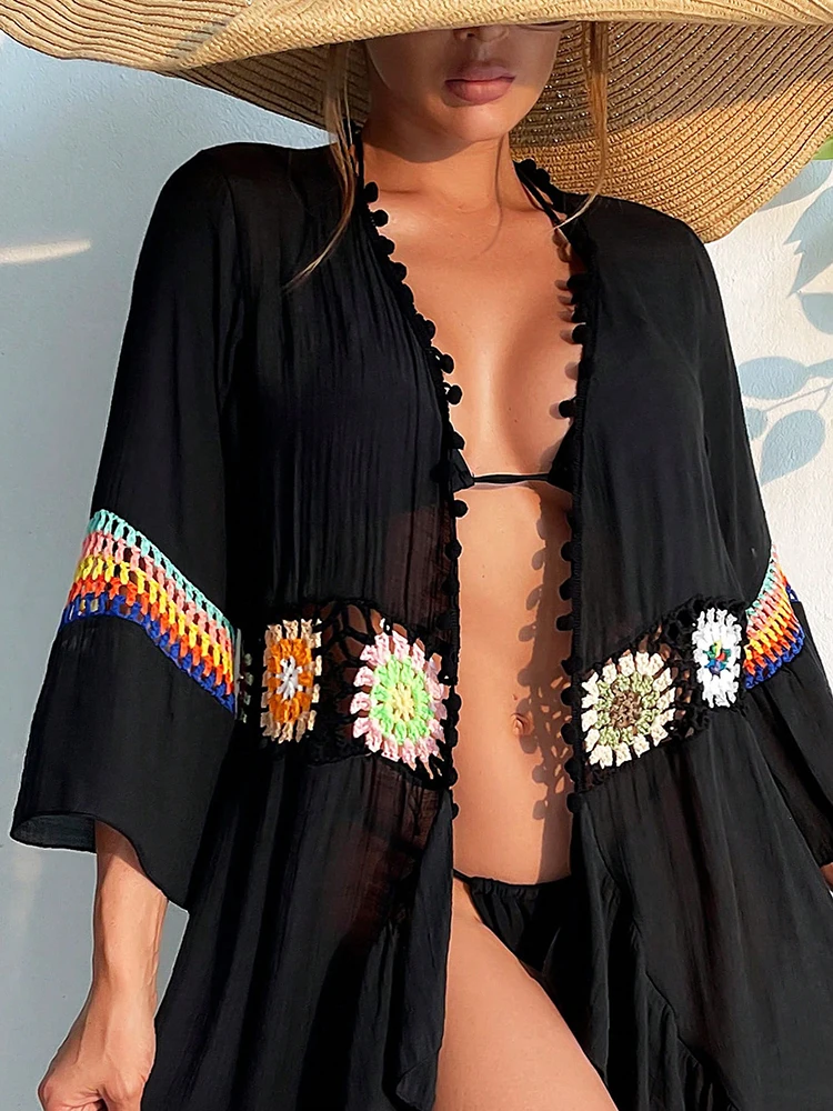 Summer Bohemian Knitted Flower Beachwear Kimono Cardigan Ruffle Hem Cover Up Dress V Neck Crochet Floral Beach Cover Up Swimsuit