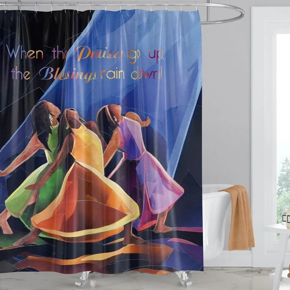 African Woman Shower Curtain, Drawing Tribal Dress Local Frauen Silhouette Dance of The Summer Solstice Bathroom Decor Set,hooks