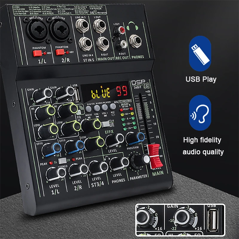 เครื่องผสมสัญญาณเสียงแบบมืออาชีพ18dBm เล่นด้วย USB จอแสดงผลแบบ HD Phantom Power 99 DSP Effects การ์ดเสียง4ช่องสัญญาณเครื่องผสมบลูทูธ