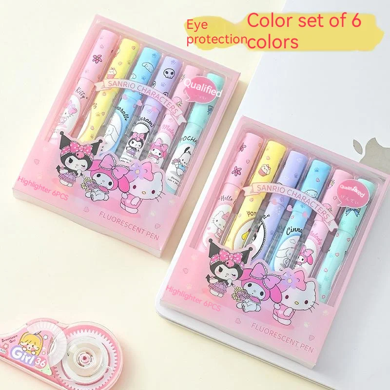 Sanrio Kawaii Anime Highlighter Hello Kitty Sweet Light Color Marker Pen Color Marker Pen Student With Painting Graffiti Pen Set