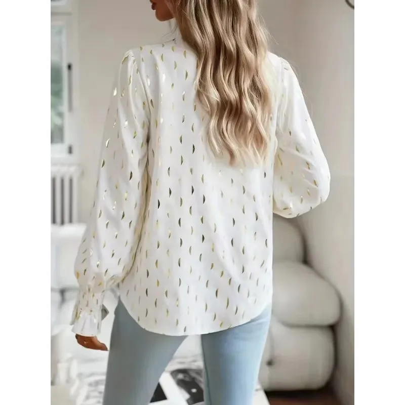 Women's Plus Size 1XL-5XL Fashion V-neck Shirt Gold-plated Long-sleeved Top Elegant Temperament Shirt Women