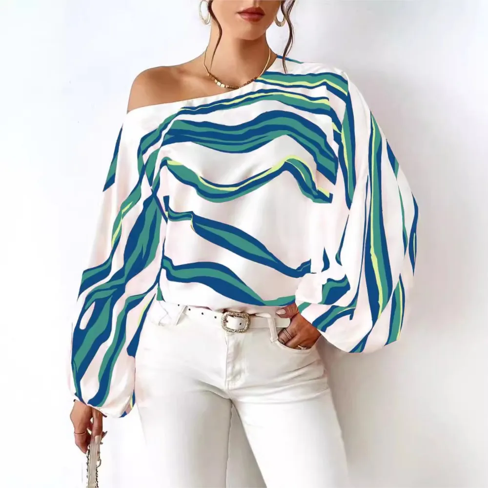 

Women's Blouses 2025 Lady Spring/summer New Off Shoulder Slanted Collar Printed Loose Long Sleeved Casual Top Shirt Femme Blusas