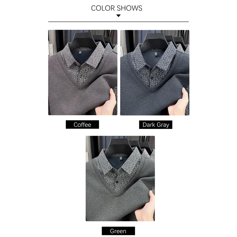 BROWON Long Sleeve Polo Shirt Man 2025 Winter Fashion Fake Two Pieces Male T Shirts Turndown Collar Pullover Luxury Men's Wear