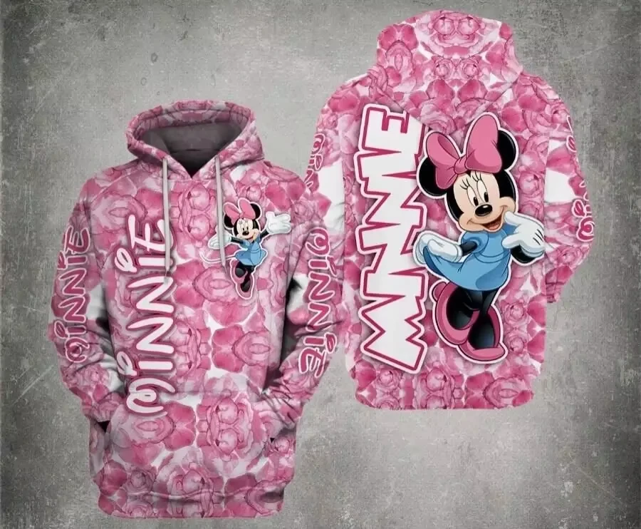 Disney-homens e mulheres 3D com capuz Minnie Mouse, moletom com zíper, pulôver casual, retrô, 2025