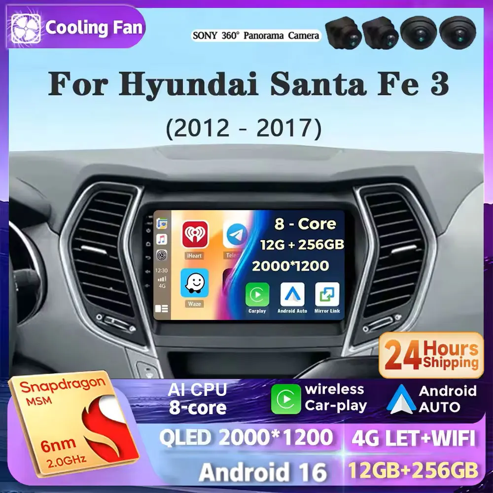 Android 16 Carplay Auto 2K Screen Car Radio Multimedia Player For Hyundai Santa Fe 3 2013 - 2016 Autoradio GPS Stereo Head Unit