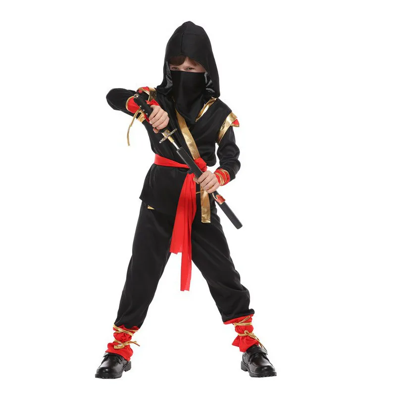Boys Ninja Warrior Costume Halloween Samurai Set with Hooded Long Sleeve, Mask and Red Belt - Boys Girls Party Costumes