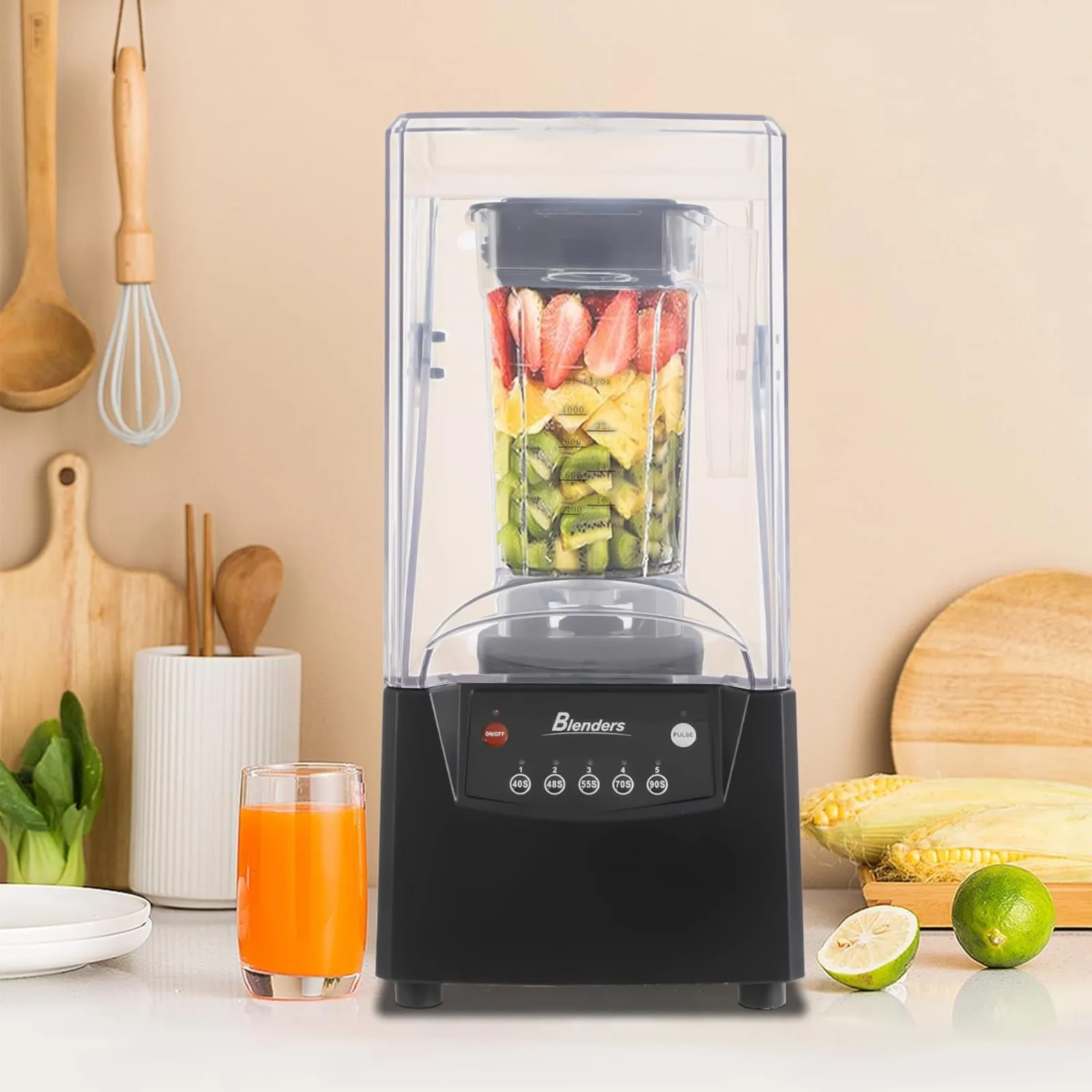2600W Commercial Smoothie Maker Blender with Soundproof Cover, Low Noise 1.8L/0.48Gallon Fruit Juicer Ice Smoothie Mixer Blender