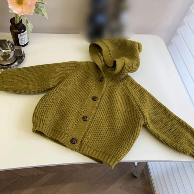 Boys And Girls Single-Breasted Hooded Knitted Cardigan Jacket Children\'s Spring And Fall Wool Ball Decoration Sweater Coat