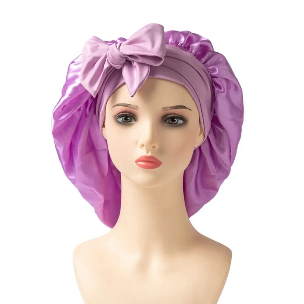 Satin Material Sleeping Bonnet Solid Color Adjustable Strap Hair Care Cap Soft Wide Brim Design Satin Sleep Bonnet For Long Hair