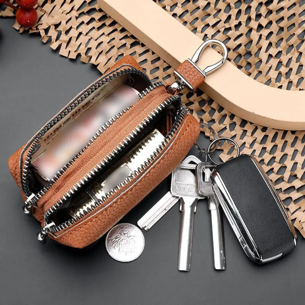 

Single/Double Zipper Key Storage Bag Simple Classic PU Leather Wallet Car Key Ring Solid Color Key Protect Cover Outdoor