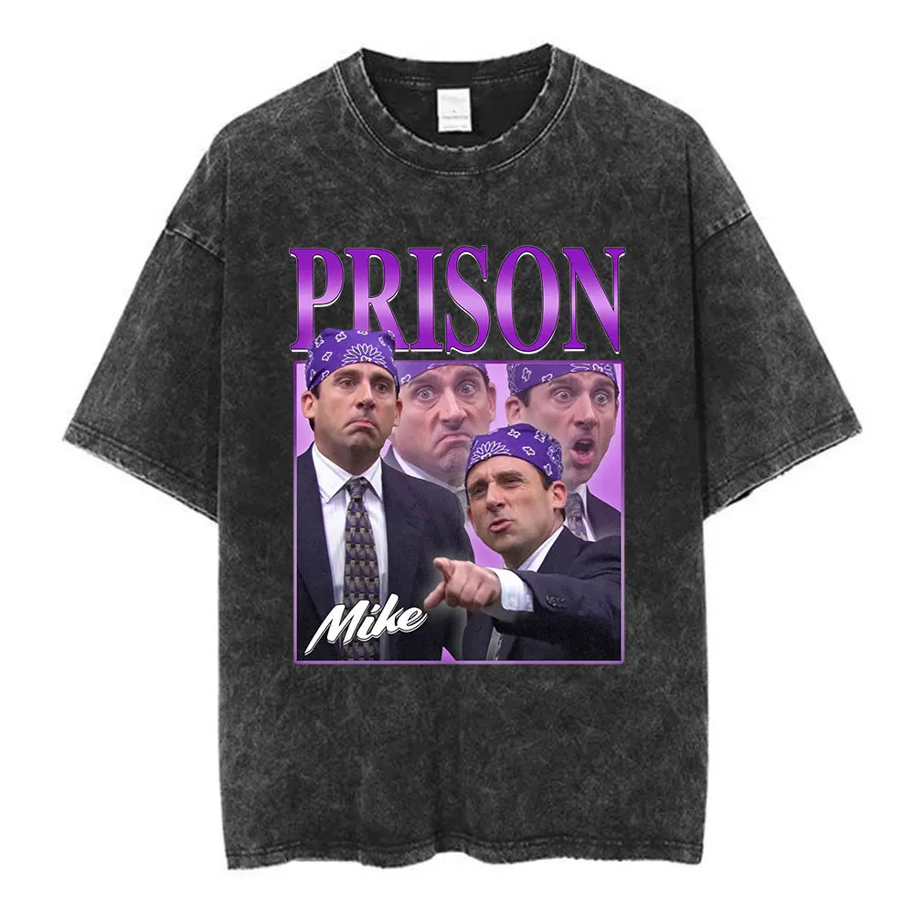 Prison Mike Michael Scott Homage The Office Vintage Washed T-shirt Tv Series Dwight Schrute Jim Halpert Short Sleeve T-Shirts