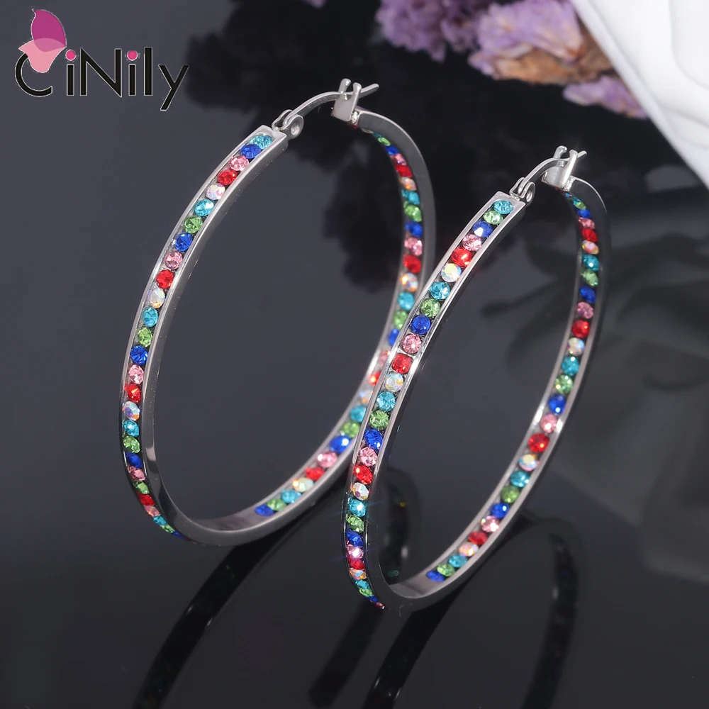 CiNily Luxury Mult-colors Crystal Stainless Steel Hoop Earrings for Women Wedding Fashion Jewelrys Big Earrings Fully-Jewelled